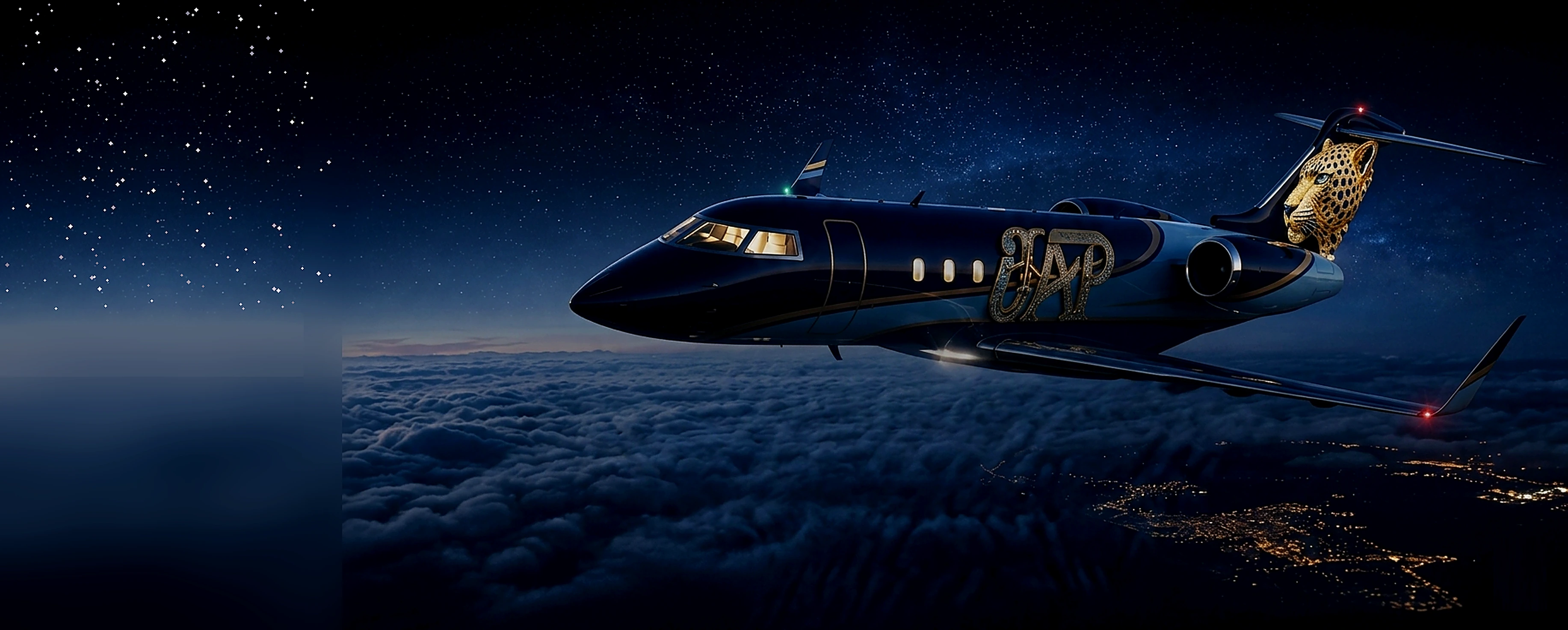 iJAP private jet in flight above the clouds at night